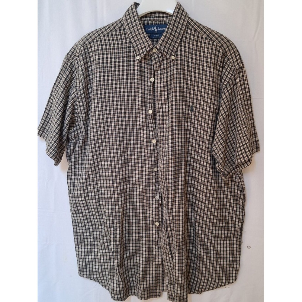 Polo Ralph Lauren Blake Mens Plaid Short Sleeve Button Down Shirt Black Tan L